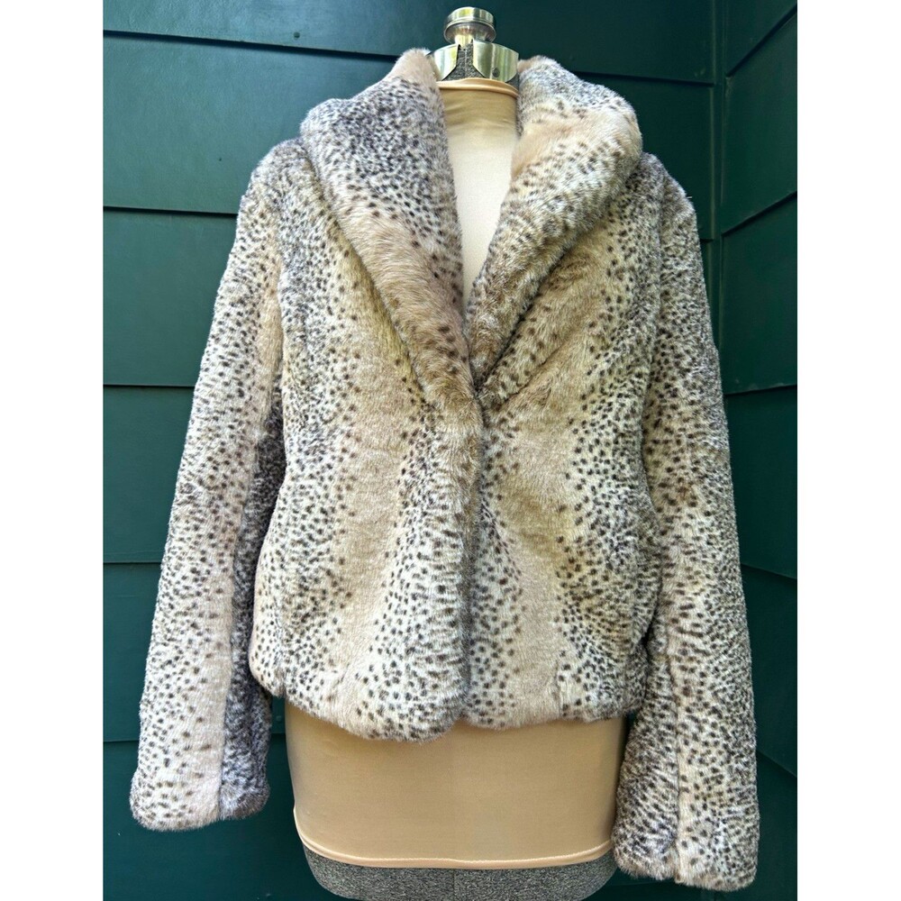 Vintage 90s Mossimo Snow Leopard Faux Fur Coat Shawl Collar Small Mob Wife Y2K
